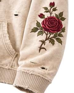 Manufacturer Beige Distressed <b>Zip</b> <b>Up</b> Hoodie With Rose Embroidery Sleeves Vintage Washed Streetwear <b>Women</b> Custom OEM <b>Jacket</b> - Product Image 6