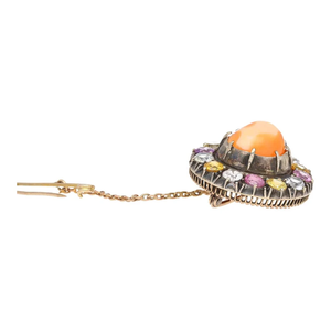 Pin de ópalo naranja natural con detalles de zafiro multicolor en oro y plata Pin de ópalo cabujón para mujer - Product Image 3