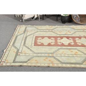 Alfombra de lana turca Vintage de 4 pies, 9x7 pies y 5 pulgadas, tejido plano de retazos beige y marrón para decoración de sala de estar con respaldo de látex - Product Image 2