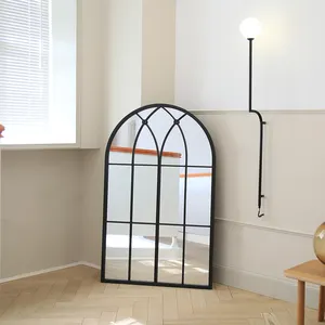 Large Black Windowpane Arch Mirror Antique Metal Framed Patio Garden Wall Mirror for Home Decor