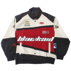 แจ็คเก็ตหนังสไตล์สตรีทแวร์ล่าสุด ดีไซน์หลวมแบบนักแข่ง ดีไซน์ Y2K ปักโลโก้วินเทจ แจ็คเก็ตมอเตอร์ไซค์ - Product Image 1