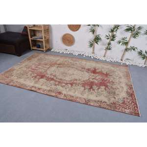 Alfombra de retazos de lana Vintage rojo y Beige estilo clásico 9x12 patrón abstracto rectangular para entrada o cabecera con respaldo de látex - Product Image 2