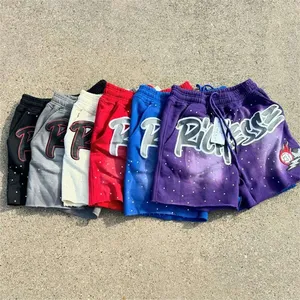 กางเกงขาสั้น rezax สำหรับผู้ชายกางเกงขาสั้นผ้าย่นสีพื้นพิมพ์ลายหน้าจอตามสั่งทันสมัยแบบอเมริกันประดับพลอยเทียมซีดจาง - Product Image 1