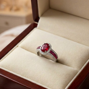 Bague Halo en Or Blanc 18 carats avec Rubis Naturel et Diamants, Taille Ovale, Sertissage à Griffes, pour Femme, Fiançailles, Mariage, Cadeau, Bijoux Fins - Product Image 4