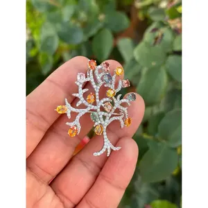 925 Silver Multi-Sapphire <b>Tree</b> Brooch & Pendant Gold Plated with Diamond for Engagement Wedding or Party - Product Image 3