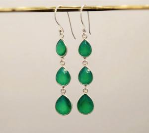 Pendientes colgantes de diseñador hechos a mano de Plata de Ley 925, forma de lágrima personalizada, piedras preciosas de ónix verde, Vintage regalos, compromisos - Product Image 1