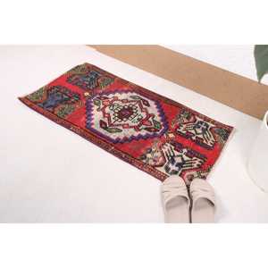 1.6x3.2 ft Vintage Small Turkish Moroccan <b>Wool</b> Rug <b>Red</b> Blue Patchwork Design Eco-Friendly Latex Backing - Product Image 1