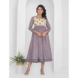 Vestido Anarkali largo de algodón con estampado de bloques azul marino, producto de ropa americana - Product Image 1