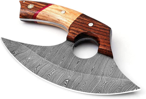 Custom Handmade Damascus Steel Fixed Blade Ambidextrous Ulu <b>Knife</b> High-Polish Finish Wood Handle Leather Sheath Kitchen - Product Image 2