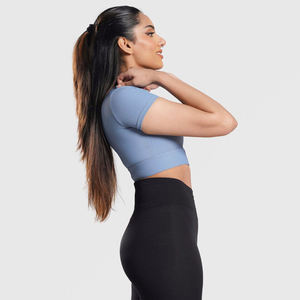 T-shirt haut court pour femmes en gros à manches courtes couleur unie hauts courts t-shirt d'été beau - Product Image 3