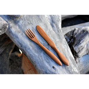 Juego de cubiertos de madera pura de 3 piezas (tenedor, cuchillo y cuchara) con acabado natural, perfecto para cenas en casa, bodas y uso elegante en la cocina. - Product Image 3