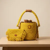 Sac seau en crochet Ana pour femme, style bohème, avec cordon de serrage, doublure en coton jaune, bandoulière unique, durable, pour usage quotidien