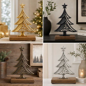 Figurine d'arbre de Noël en métal artisanal avec base en bois, décoration de table pour le salon, design traditionnel, 1 pièce - Product Image 3