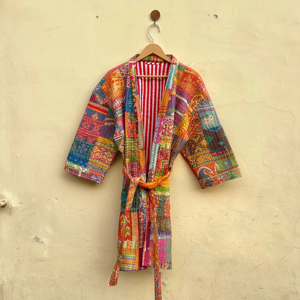 Abrigo de mujer Vintage hecho a mano, tejido de punto transpirable, chaqueta de retazos larga con doble botonadura, diseño bordado, Algodón hecho a mano - Product Image 1