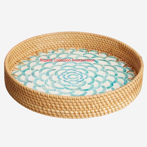 Stylish Hexagon Rattan Serving Tray With Seashell Inlay Decorative Woven <b>Storage</b> Tray For Home Decor Drinks Snacks & Fruits - Product Image 4