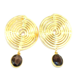 ต่างหูทรงกลมแบบโบราณ ดีไซน์เก๋ไก๋ ประดับด้วยควอตซ์สโมคกี้คัตและไฮโดรควอตซ์ ชุบทอง 22K บนตัวเรือนทองเหลือง ขายส่ง - Product Image 1