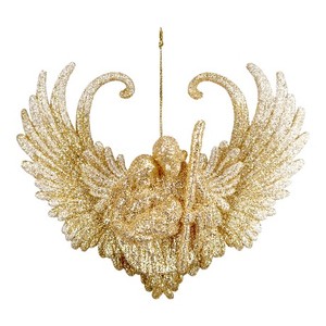 Navidad Año Nuevo Decoración Natividad Matt Gold Paint Gold Glitter Acrílico 3D Querubín Tocando Instrumento Ornamento - Product Image 6