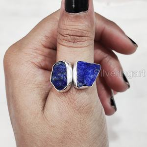 Bague pour femme en pierre brute, Lapis Lazuli naturel, double pierre, ajustable, en argent sterling 925, pour Noël - Product Image 4