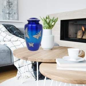 โกศโลหะสีฟ้าสลักลายผีเสื้อสำหรับขี้เถ้าของมนุษย์ออกแบบตกแต่งได้ตามต้องการขนาด - Product Image 5