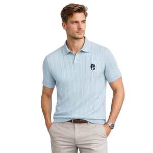 Polo de Punto Trenzado Azul para Hombre, Prenda de Punto de Algodón Premium, Manga Corta, Texturizado, Corte Clásico, Ropa Casual Elegante - Product Image 1