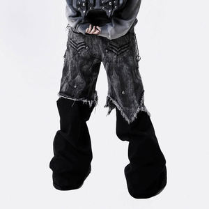 <b>Mens</b> Custom Stonewashed Hip-Hop Wide Leg Jeans ODM <b>Camo</b> Patchwork Distressed Denim with Rivet High-Quality Streetwear - Product Image 4