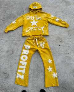 Diseñador Flare Sweatsuit 100% Algodón Satén Forrado Cremallera completa Rhinestone Sudadera con capucha y parche desgastado Streetwear Chándal Hombres - Product Image 4