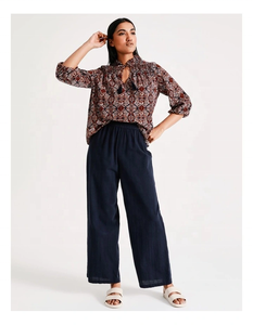 กางเกงขายาวผ้าทอพร้อมสายรัดเอวยางยืดกางเกงผ้าฝ้ายเอวสูงสีกรมท่าสำหรับผู้หญิง - Product Image 5