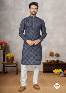 Conjunto de Kurt con estampado digital de ropa india y pakistaní de algodón pesado para hombre con Secuencia de Lakhnowi con seda artística de trabajo Pintex - Product Image 3