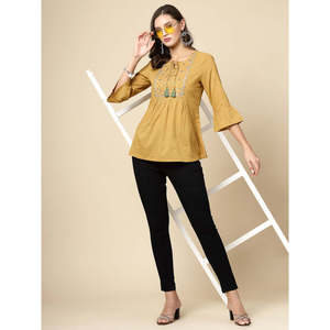 Women's Beige Floral Embroidered <b>Top</b> XL Loose Fit Casual <b>Top</b> with Bell Sleeves and Tie-Up Neck Poplin Cotton Breathable - Product Image 6