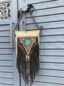 Real Handmade Vintage <b>Boho</b> Hair On Metallic Tooled Leather Fringe <b>Handbag</b> Western Genuine Leather Crossbody Purse For Women's - Product Image 4