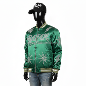Women Premium Satin Jacket in Green with Shiny Smooth <b>Fabric</b> Rhinestone Logo and <b>Spark</b> Star Panel Design Women Satin Jackets - Product Image 4