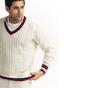 Breathable Cricket <b>Cable</b> <b>Knit</b> Striped V-Neck <b>Sweater</b> Custom Logo Printed Men's Winter Knitwear ODM Supply - Product Image 2