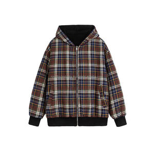 Veste d'hiver à double fermeture éclair, tie-dye, à carreaux, coupe ample, épaules tombantes, en polaire, réversible, avec capuche zippée, pour homme, 100% coton, fabrication sur mesure - Product Image 5