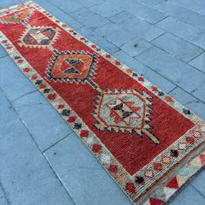2.6x10.5 ft Rug, Vintage Turkish Rug, <b>Red</b> Orange Camouflage <b>Wool</b> Rug - Product Image 4