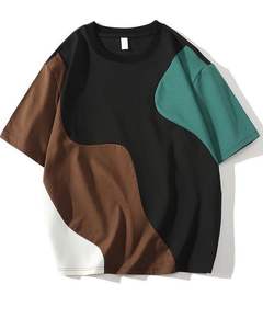 T-shirt surdimensionné à blocs de couleur personnalisé pour homme, noir, marron, vert, streetwear décontracté, coton, manches courtes, coupe ample, mode d'été - Product Image 1