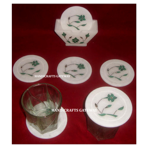Le plus beau marbre blanc avec une bonne finition et une incrustation de forme ronde polie, ensemble de sous-verres à thé au design floral pour la décoration intérieure - Product Image 1