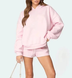 ชุดกางเกงขาสั้นลำลองสำหรับผู้หญิงชุดผ้าฟลีซให้ความอบอุ่นชุดมีฮู้ดและสั้นสำหรับฤดูใบไม้ร่วงฤดูหนาวโลโก้แบบกำหนดเอง - Product Image 2