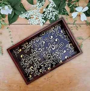 Plateau de service décoratif en bois imprimé à la main - Product Image 1