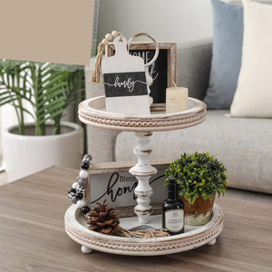 Décor à la maison rustique plateau à 2 niveaux en bois décoratif perlé ferme plateau à plusieurs niveaux cuisine vaisselle de table pièce maîtresse plateau perlé - Product Image 2