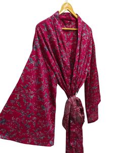 Bata de seda hasta el tobillo Bata multicolor Ropa de noche Bata India Vintage Seda reciclada Sari Kimono, - Product Image 3