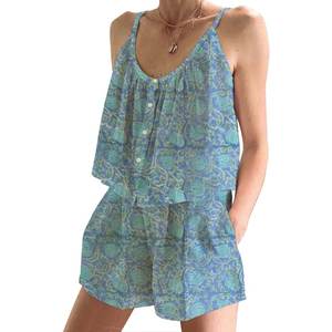 Ensemble de pyjama en coton doux imprimé à la main de Jaipur, Inde, motif floral, printemps/été, ensemble de pyjama ajusté sans manches à bretelles - Product Image 1