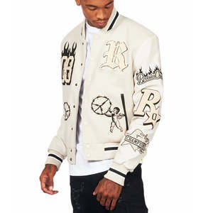 Embroidered Graphic 100% Polyester Ribbed Knit Stand Collar Front Logo Patchwork <b>Quilt</b> Streetwear College Men's Varsity Jacket - Product Image 1