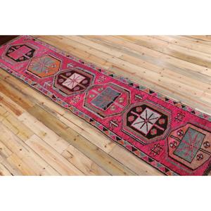 Turkish Vintage Herki <b>Runner</b> Rug 2.7x11.8 ft, <b>Red</b> Geometric Rug Wool - Product Image 4