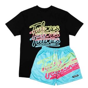 Camiseta de verano para hombre de alta calidad 2025 y conjunto corto de nailon con logotipo personalizado, diseño de calle negro, tela de rizo transpirable - Product Image 1