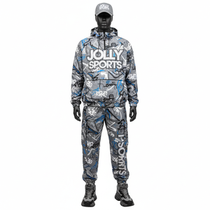 Conjunto de Chaqueta Cortavientos de Poliéster Premium de 180 g/m², Estampado de Grafiti Gris Azul, Logotipo Personalizado, Impresión DTF de Alta Densidad - Product Image 1