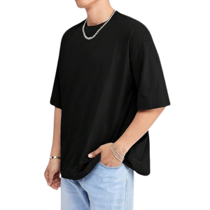 T-shirt ample à épaules tombantes pour hommes, noir 100% coton, style baggy, tricot uni, streetwear avec logo personnalisé - Product Image 3