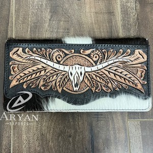 Trendy Wholesale Hand-Tooled Cowhide Leather Longhorn Bifold Wallet Bull Skull Floral Design <b>Large</b> Capacity <b>Women</b> Clutch <b>Purse</b> - Product Image 1