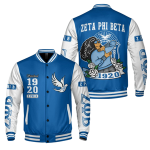 Zeta Phi Beta 1920 ZPB Varsity Blue <b>White</b> Letterman Jacket Sorority Greek Life Chenille Patch Founders Style Coat - Product Image 3