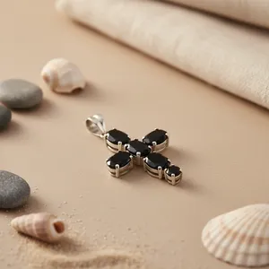 Art Palace Classic 925 <b>Silver</b> Rhodium Plated Trendy <b>Cross</b> Pendant Oval Black Sapphire Stones Claw Set Unisex Religious - Product Image 1