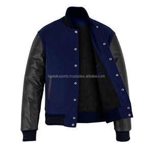 2026 OEM Men's <b>Top</b> Selling Navy Blue Wool With Black <b>Leather</b> Sleeves Varsity Jacket <b>High</b> Quality Low MOQ Heated Fashion Jackets - Product Image 3